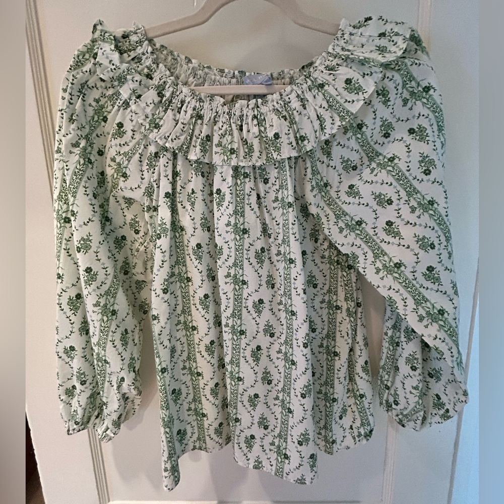 Hill House Green Floral Top - Green & White